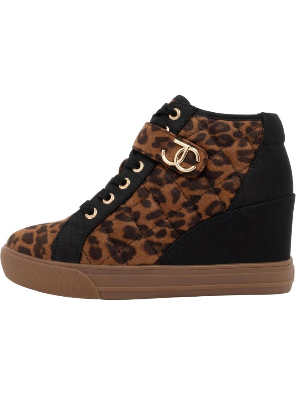 Women's Black Leopard Faux Leather Platform Wedge High-Top Fashion Sneakers - Picture 2 of 6